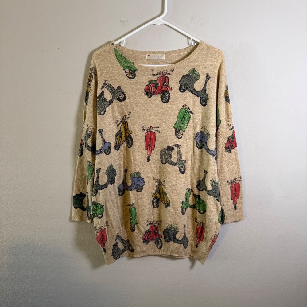 Purplish Tan Scooter Print Oversized Knit Sweater Womens Scoop Neck Pullover